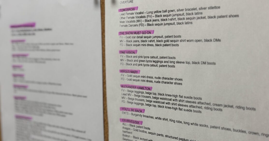 Costume list backstage at Potters Resorts